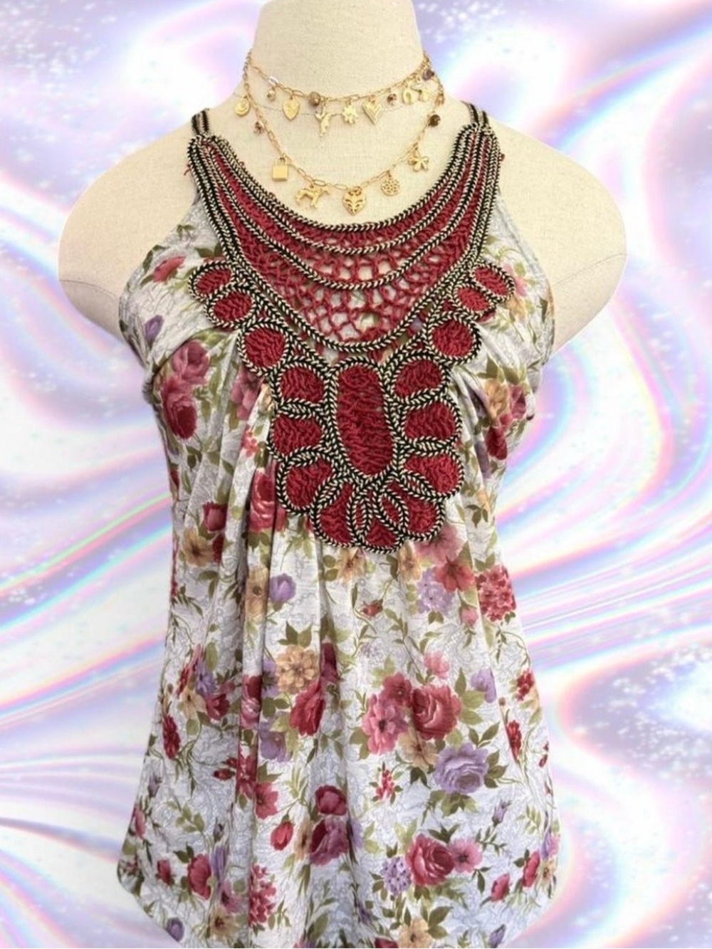 American Vintage Floral Tank Top with Red Crochet Yoke Wet Seal